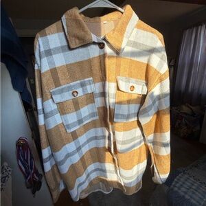 Tan and Grey Plaid Sherpa Jacket